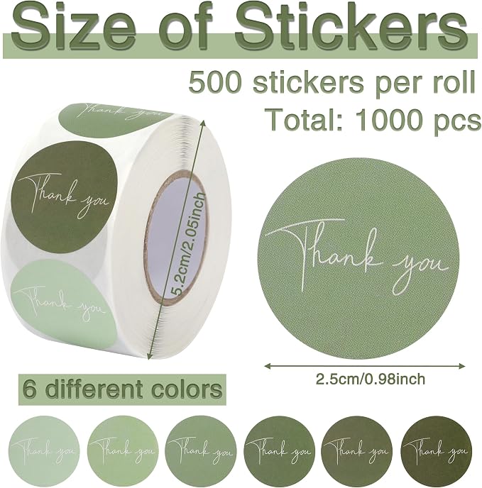 1000Pcs Thank You Stickers Label Roll 6 Colors Small Business Sticker Seal Sticker for Packaging Paper Decal Decor Box Gift Sealing Label Stickers for Bottle Canning Wraps (Sage Green)