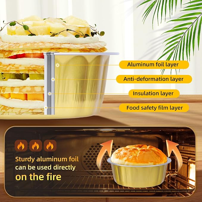 Beasea Disposable Ramekins with Lids, 120 Pack 8 oz 4 Inch Mini Gold Aluminum Foil Creme Brulee Baking Cups Small Round Cupcake Tart Pie Tins Pans Individual Containers Oven Safe for Baking