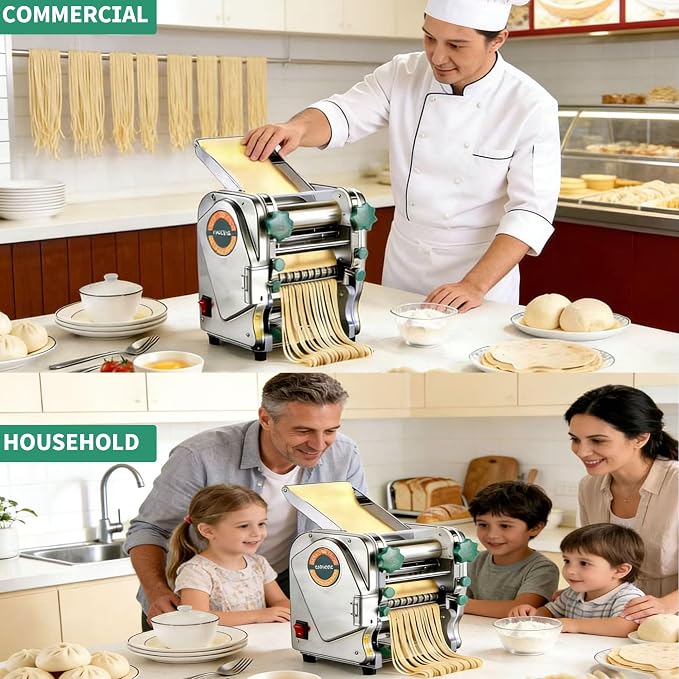 Commercial Pasta Maker Machine,Electric Noodle Maker&Dumpling Machine for Home Use,Stainless Steel Dual-Cutter No Disassembled-3/9mm Width Noodle/Thickness Dough-Auto Noodle Sheeter