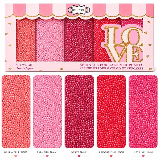 Confect Multicolor Pink Pearl Sprinkles Mix – Edible Baking Decorations for Cakes, Cupcakes, Cookies – Valentine’s & Anniversary Sprinkle Set – Pack of 5 | Vegan, Gluten-Free, Nut-Free, Soy-Free, Dairy-Free , Handcrafted Sprinkle- 5 Oz