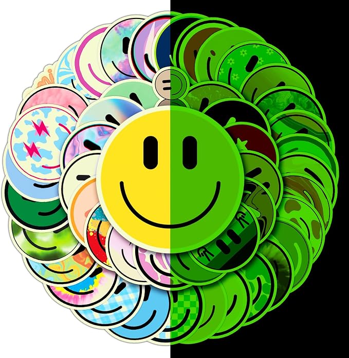 50PCS Smile Glow in The Dark Stickers | Cute Water Bottle Stickers for Kids, for Teaching Rewards, Notebooks, Stationery, Luggage, Cartoon PVC Happy Glow Stickers
