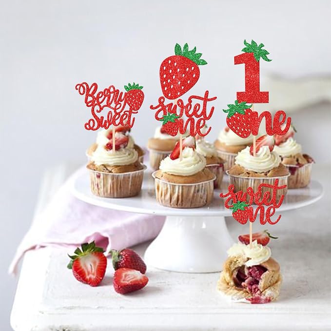 30 PCS Strawberry Sweet One Cupcake Toppers Glitter Berry Sweet 1st Birthday Strawberry Cupcake Picks for Fruit Theme Baby Shower Kids First Birthday Party Cake Decorations Supplies Red
