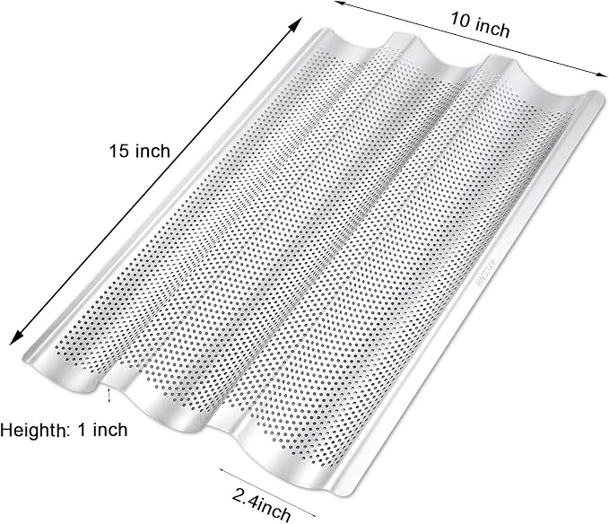 AYCCNH Stainless Steel French Baguette Bread Pan, Perforated Loaf Pans for Baking 15"x10", 3 Waves Toaster Oven Baking Tray (1 Pack)
