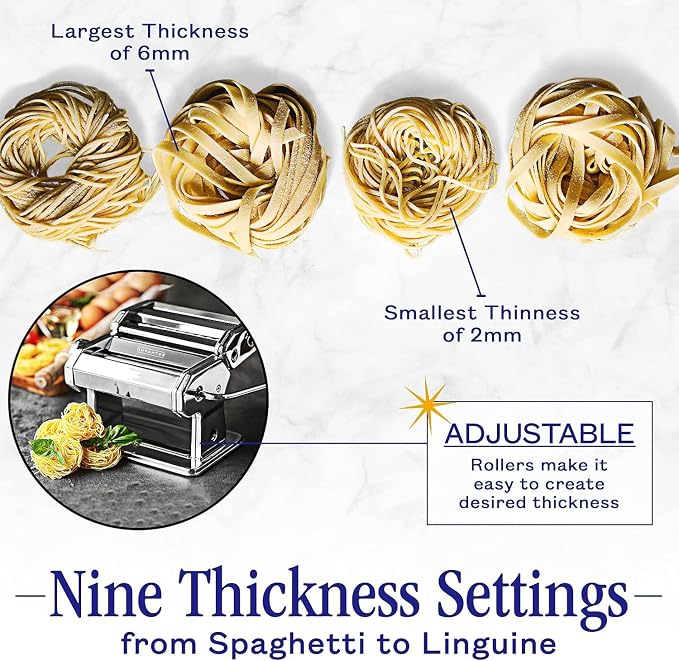 Nuvantee Pasta Maker with 7 Adjustable Thickness Settings - 3 in 1 Noodle Maker with Rollers & 2 Width Cutters for Fresh Spaghetti, Fettuccini, Lasagna, Dumplings & More - Red