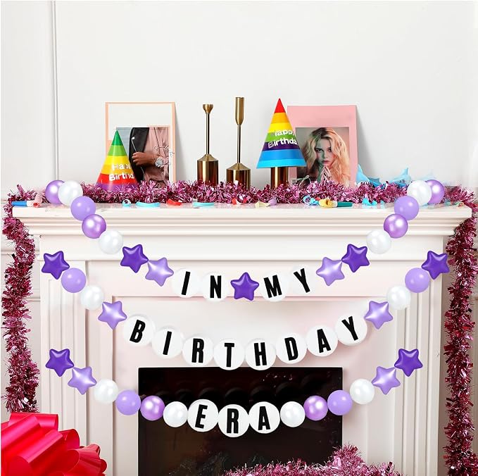 Simgoing 103 Pcs DIY Giant Friendship Bracelet Lei Kit Extra Large Beads Garland Jumbo Birthday Friendship Banner Kit Famous Singer Customizable Party Decor for Classroom(Purple White)