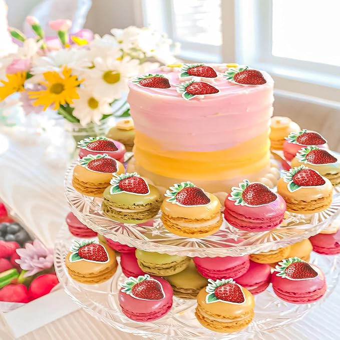 60 PCS Edible Strawberry Cupcake Toppers Wafer Paper Sweet Strawberry Birthday Cake Decorations Edible Berry Strawberry Cupcake Picks for Baby Shower Wedding Birthday Party Food Decorations Supplies