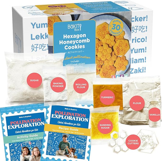 BāKIT Box Hexagon Honeycomb Sugar Cookie Decorating Kit – STEM Baking Gift for Kids Ages 5–12, Homeschool Geometry & Bee Habitat Activities, Educational Cookie Kit for Boys & Girls