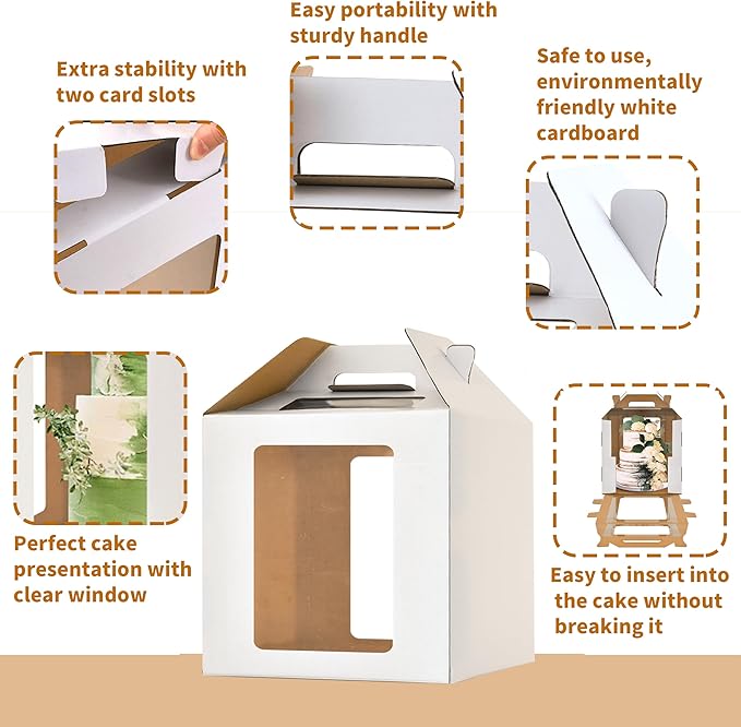 14x14x14 Inch Tall Cake Boxes for Tier Cakes,2pack Large Tiered Cake Boxes, 12in 14in Wedding Cake Carrier,Disposable Layer tall Baking Carrier with Handle
