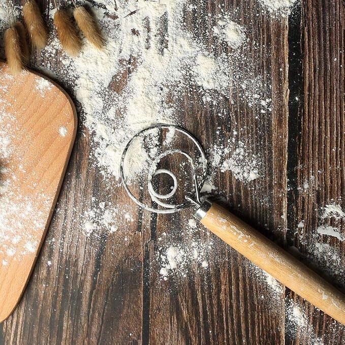 Danish Dough Whisk Bread Making Tools Stainless Steel Danish Dough Hook Bread Dough Mixer Hand Bread Dough Whisk for Pastry, Baking Cake, Dessert, Sourdough, Pizza, with Wooden Handle, 13 inch