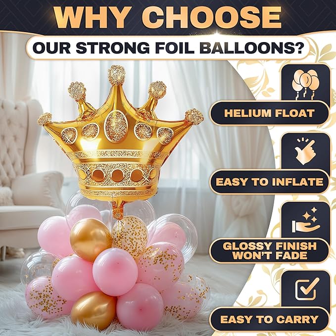 3 Pcs Gold Crown Balloons - Foil Princess Balloons Set, Large 38.2" X 35.4" Gold Crown Balloon - Reusable Design for Photo Zones, Birthday Parties, Weddings, Graduations & Princess Party Decorations