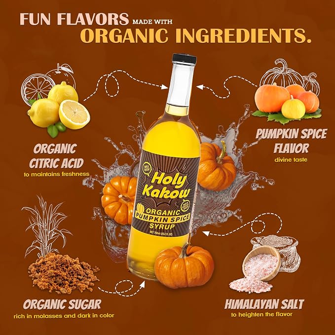 Holy Kakow Organic Pumpkin Spice Syrup - Pumpkin Spice Coffee Syrup, Organic Syrup for Coffee, Latte, Cocktail & Shake, Real Food Ingredients - 750ml