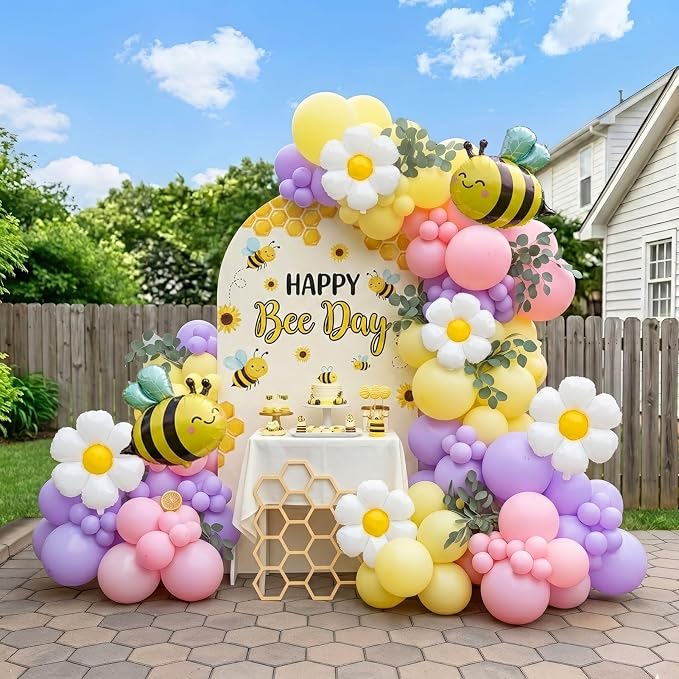 Bee Balloon Garland Arch Kit 121Pcs Macaron Pink Purple Yellow Latex Balloons with Bee Daisy Foil Balloons for Lemonade Birthday Honeybee Party Baby Shower Spring Garden Party Decor