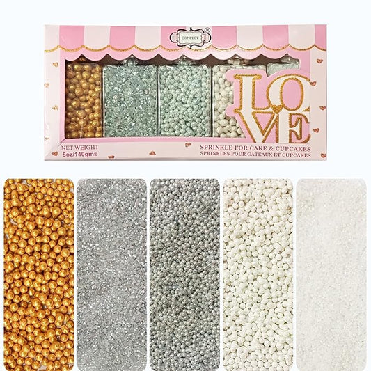 Confect Sprinkles -Metal Mania Disco Ball Sprinkle Mix – 5-Pack Assorted Edible Sprinkles with Bronze, White & Gunmetal + Sparkling White & Silver Sugar – Cake, Cupcake & Cookie Decorating – Vegan, Gluten-Free, Nut-Free, Soy-Free, Dairy-Free, Palm Oil-...