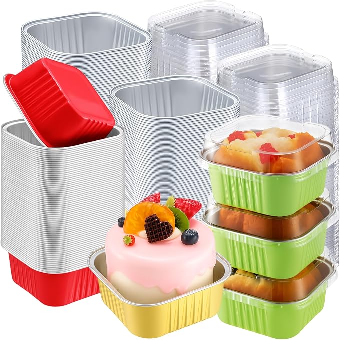 200 Pack Christmas Mini Cake Pans with Lid, 5 oz Red Green Gold Aluminum Foil Mini Baking Tins, Square Disposable Cupcake Baking Cup Dessert Container for Xmas Holiday Party Favor Supplies