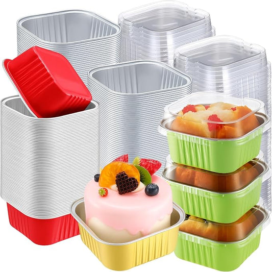 200 Pack Christmas Mini Cake Pans with Lid, 5 oz Red Green Gold Aluminum Foil Mini Baking Tins, Square Disposable Cupcake Baking Cup Dessert Container for Xmas Holiday Party Favor Supplies