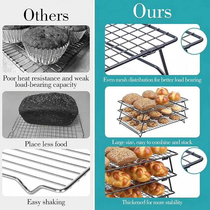 Kifmurase 3-Tier Stackable Baking Racks Cooling, 13.39 x 9.37 Inch Carbon Steel Wire Rack with Folding Legs for Cookie Cake Pizza, Multi-Use Oven Rack for Cooking Roasting Drying