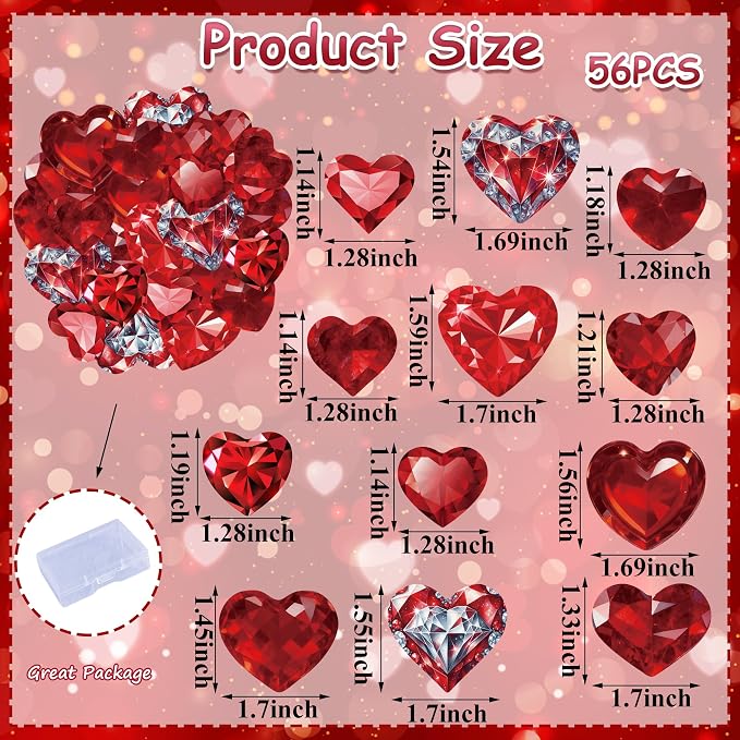 56PCS Edible Crystal Heart Cupcake Toppers Wafer Paper Red Diamond Heart Cupcake Picks Be Mine Cake Decor for Valentine's Day Theme Engagement Party Decoration Supplies
