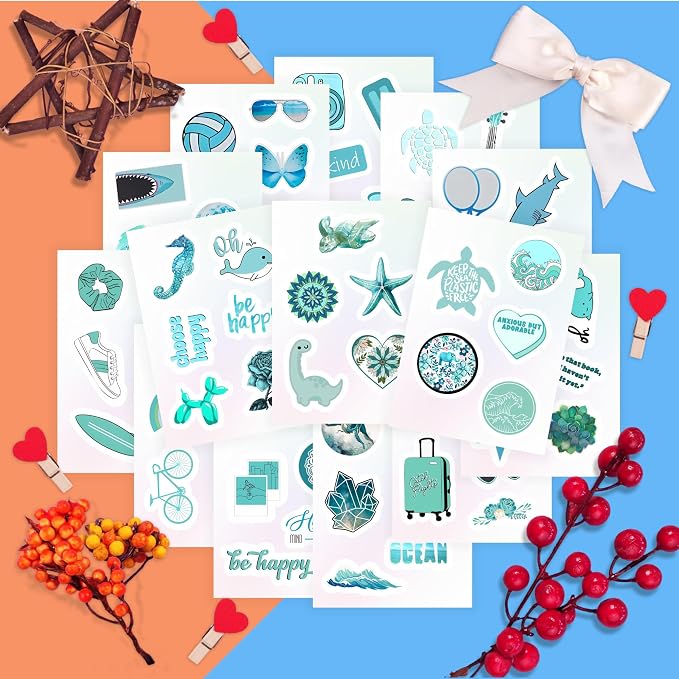 BulbaCraft 100Pcs Teal Stickers, Blue Stickers for Water Bottle and Laptop - Teal Party Supplies & Decorations, Waterproof Vinyl Decals, Gifts for Women & Men