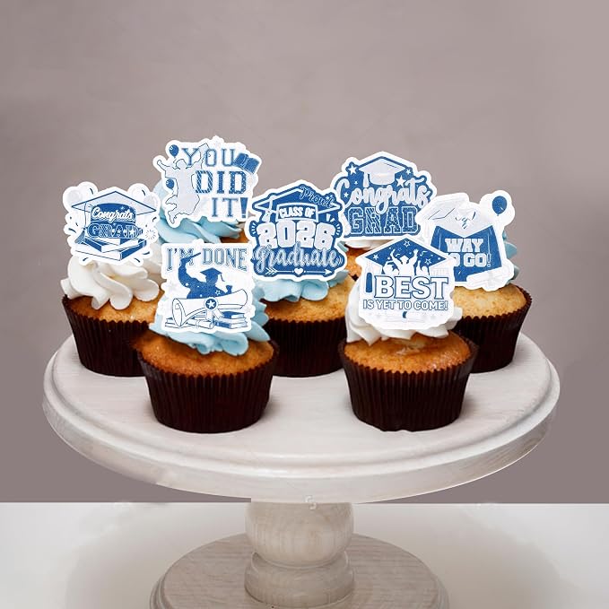 63 PCS Edible 2026 Graduation Cupcake Toppers Class of 2026 Cupake Picks Edible Done Diploma Congrats Grad Cupcake Decorations for 2026 Graduation Theme Party Cake Decorations Supplies Blue Silver