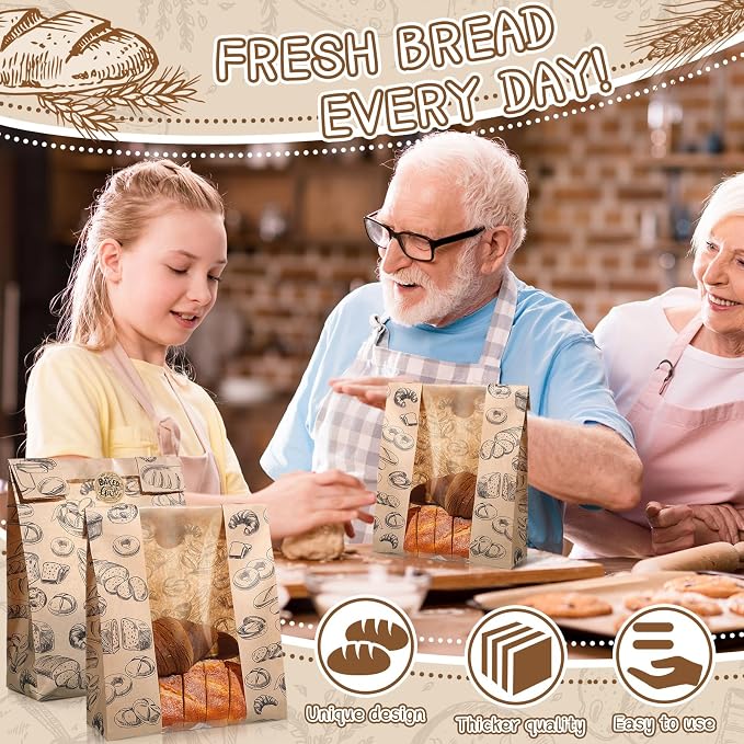 MotiMind 100 Packs Paper Bread Bags for Homemade Bread Sourdough 14 x 8.3 x 3.5 Inches Kraft Paper Bakery Bag with Window Label Seal Sticker for Baked Food Packaging Storage(Brown)