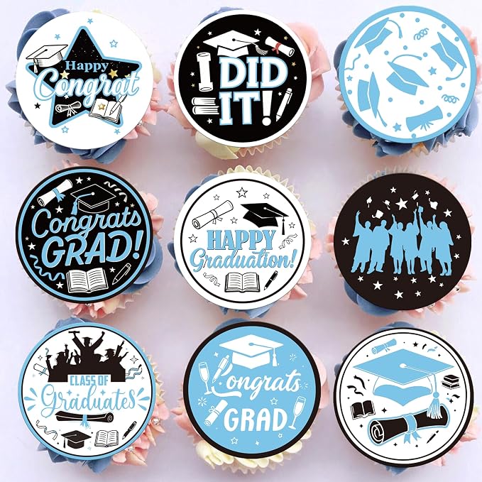 63 PCS Edible 2026 Graduation Cupcake Toppers Wafer Paper Class of 2026 Cake Decorations Edible Diploma Congrats Grad Cap Cupcake Picks for 2026 Colleage Graduation Theme Party Supplies Light Blue