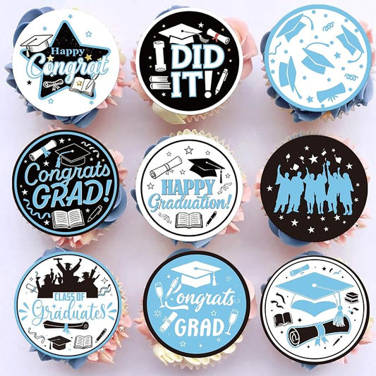 63 PCS Edible 2026 Graduation Cupcake Toppers Wafer Paper Class of 2026 Cake Decorations Edible Diploma Congrats Grad Cap Cupcake Picks for 2026 Colleage Graduation Theme Party Supplies Light Blue