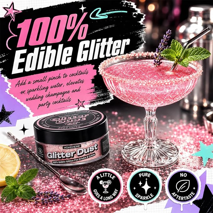 HomeHere Edible Glitter for Drinks & Cakes, 10g Food Grade Disco Diamond Glimmer Dust, Sparkle Powder for Cocktails, Chocolate, Baking Decorations, Vegan& Tasteless (Light Pink)