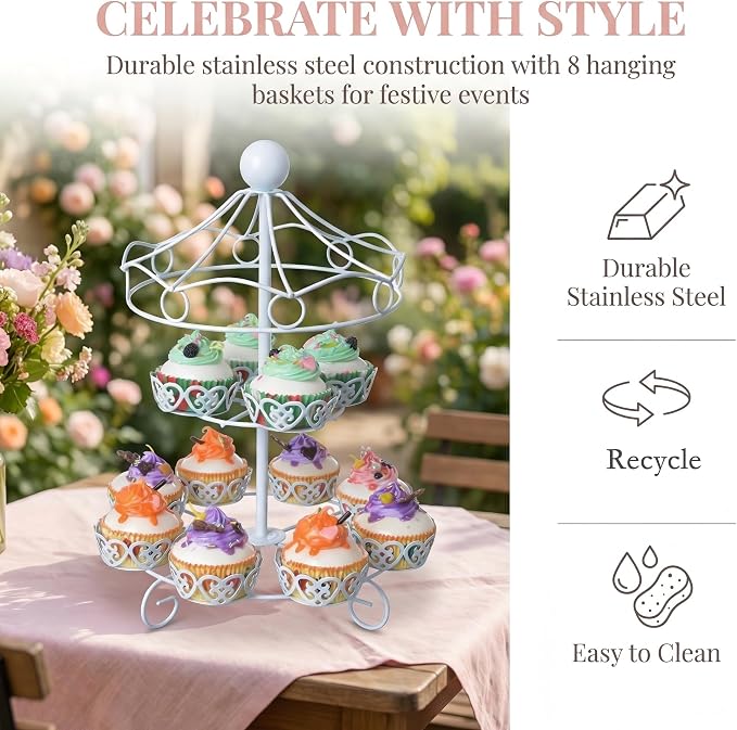 ASkinds Carousel Cupcake Stand Dessert Serving Tray, 12-Cups Iron Cake Display Rack Cupcake Stand for Carnival and Circus Theme Party Wedding Party Furnishing Accessories (White)
