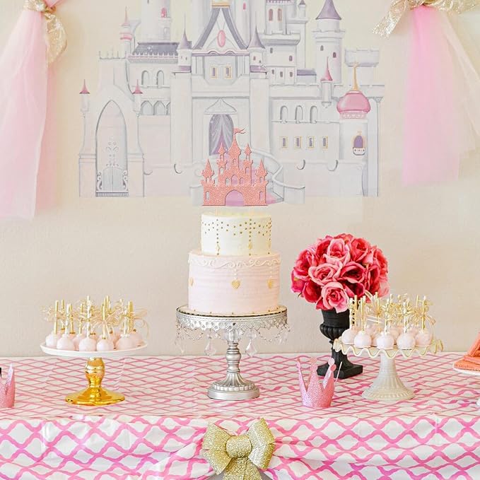 1 PCS Castle Cake Topper Glitter Queen Princess Castle Cake Pick Castle Theme Birthday Party Decoration for Princess Happy Birthday Girls Baby Shower Party Cake Decorations Supplies Rose Gold