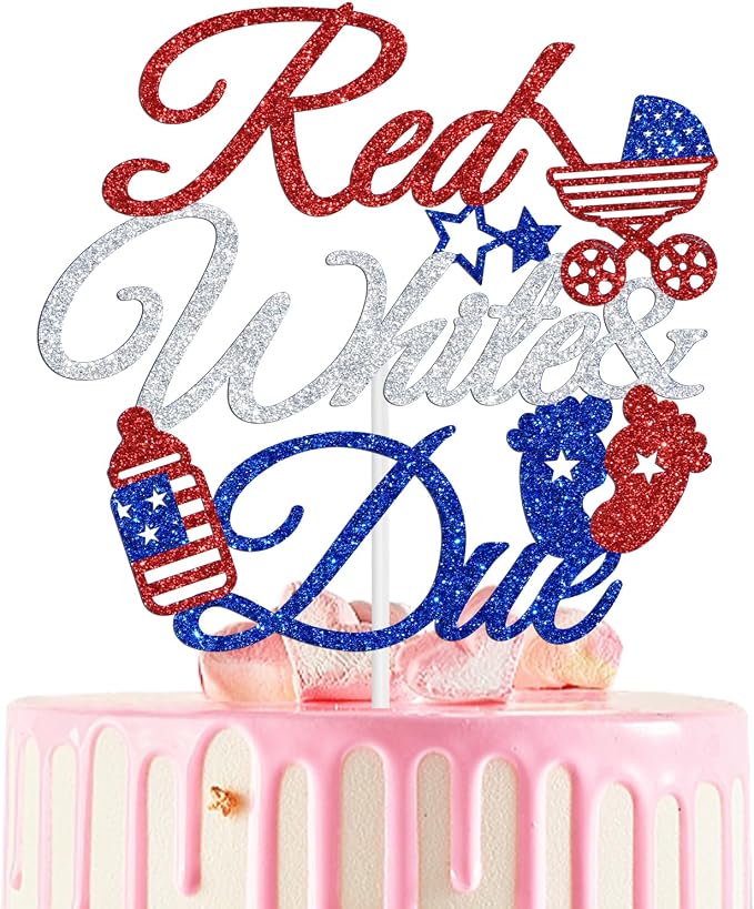 Red White & Due Cake Topper, 4th of July Baby Shower Cake Decor, A Little Firecracker is on the Way, American Independence Day Patriotic Gender Reveal Decorations Supplies for Boys Girls