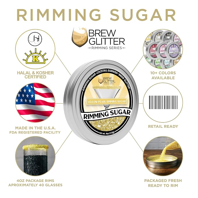 Brew Glitter - Yellow Pearl Rimming Sugar (1LB, 1x Resealable Bag) Cocktail Garnish for Mixed Drinks & Refreshments