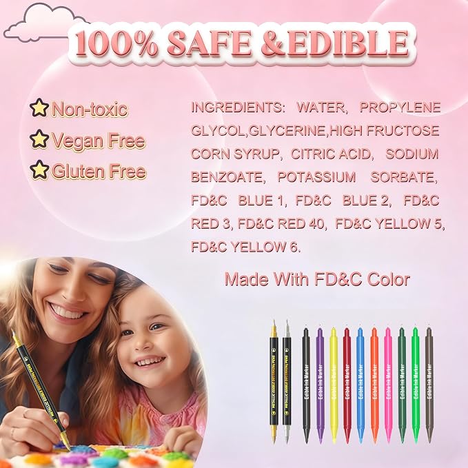 Food Coloring Pens Set of 12, Dual Tips Edible Ink Markers, Food Grade Gourmet Writers with 12 Vibrant Colors, for Cookies, Cakes, Cupcakes, Crafts, Drawing, Painting & Baking Decorating