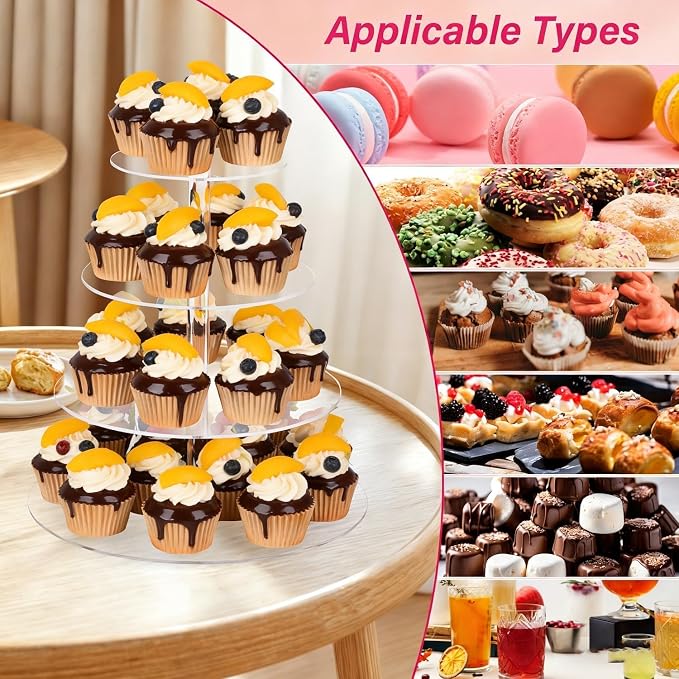 4 Tier Cupcake Stand for 50 Cupcakes, Clear Acrylic Cupcake Stand, Cupcake Holder for Parties, Weddings, Birthdays, Clear Cupcake Stand Ease of Assembly High Stability (Round)
