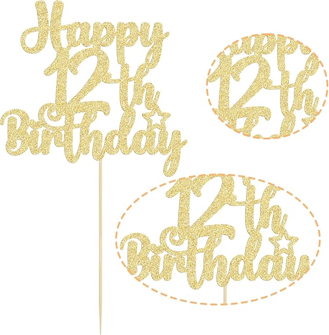 Gyufise 1Pc Happy 12th Birthday Cake Topper Glitter 12 & Fabulous Cheers to 12 Years Old Cake Pick for Celebrating 12th Birthday Anniversary Party Cake Decorations Supplies Gold