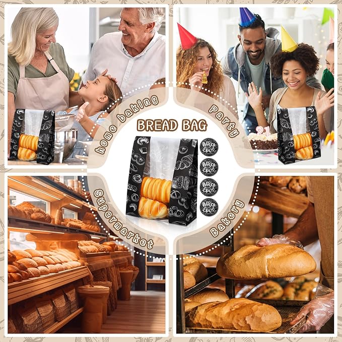 MotiMind 100 Packs Paper Bread Bags for Homemade Bread Sourdough 14 x 8.3 x 3.5 Inches Kraft Paper Bakery Bag with Window Label Seal Sticker for Baked Food Packaging Storage(Black)