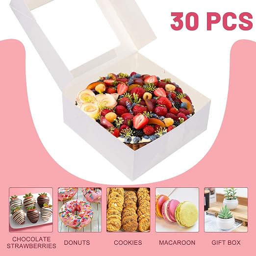 NPLUX 8x8x3 inch Bakery Boxes with Window Chocolate Strawberry Boxes for Pie Cake Cupcake Cookie Macaron Breakable Heart, Paper Charcuterie Box (30 Pack,White)
