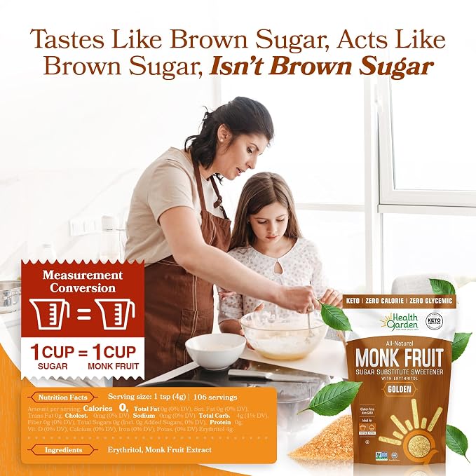 Health Garden Monk Fruit Sweetener, Golden, 15oz Bag – 1:1 Monk Fruit Sugar Substitute with Erythritol – Zero Calorie Monkfruit Sweetener Pure – Ideal for Baking, Keto Friendly, Non-GMO, Kosher