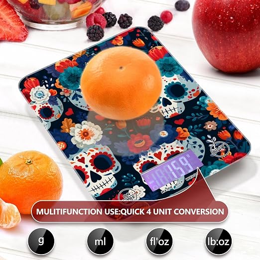 Food Scale Kitchen Digital Scale Food Ounces and Grams Dieting Baking Cooking Waterproof Glass Panels LCD Display,4 Units Scale Tare Function Some Blue Skull Halloween