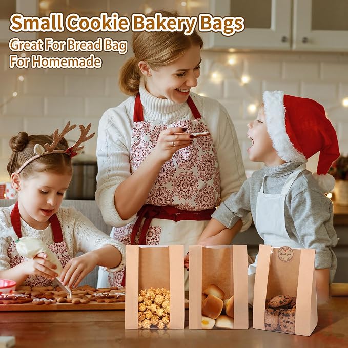 Bpole Cookie Bags with Seal - 50 PCS Small Bakery Bags with Window,5.1x2.8x9.1Inches Kraft Paper Cookie Treat Bag for Cookie Packaging Coffee Bean Snack Party
