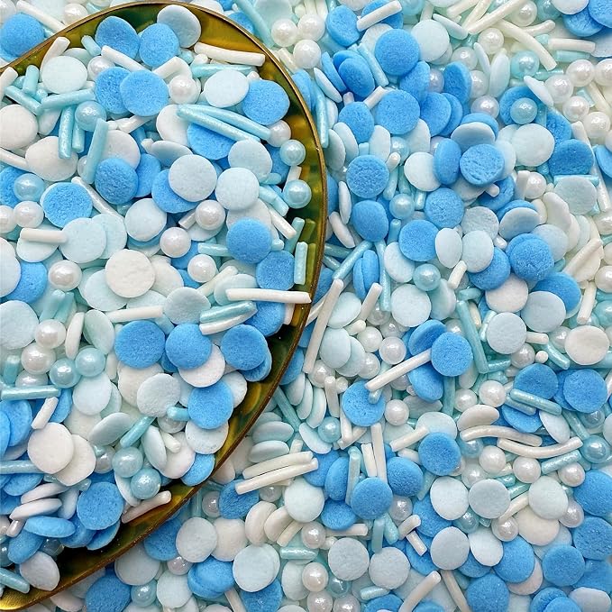 CandiJumpin Light Blue and White Pearl Sprinkles, Edible Pearls and Jimmies Mix Baby Blue and White Sprinkles Crunchy Jimmies Edible Pearls for Cake Decorating Pearl Decoration for Baking Baby Shower Party Birthday Wedding Christmas Supplies 3 OZ