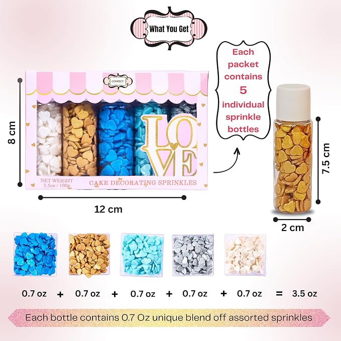 Confect Sprinkle- Blue, Gold, White & Silver Edible Sprinkle Mix | Pack of 5 for Cakes, Cookies, Cupcakes & Baking Decor |Frozen-Themed Heart Sprinkles | Birthday & Party Toppings | Vegan, Gluten-Free – 5 Oz