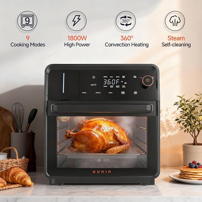 OUNIN Air Fryer Toaster Oven Combo, 11-in-1 Countertop Steam Oven with Self-Cleaning, Dual Cook, Bake, Roast, Dehydrate, 90-430°F, 16QT Capacity