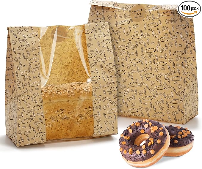 Hacaroa 100 Pack Paper Bread Bags with Clear Window, 10.8"x10"x4" Kraft Bakery Bag with 100 Stickers, Brown Toast Packaging Bags for Sourdough Bread, Cookie
