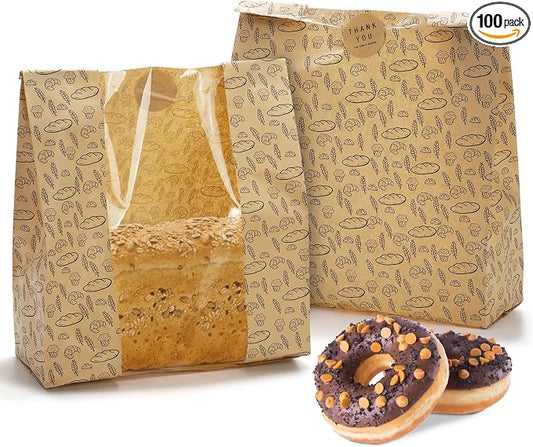 Hacaroa 100 Pack Paper Bread Bags with Clear Window, 10.8"x10"x4" Kraft Bakery Bag with 100 Stickers, Brown Toast Packaging Bags for Sourdough Bread, Cookie