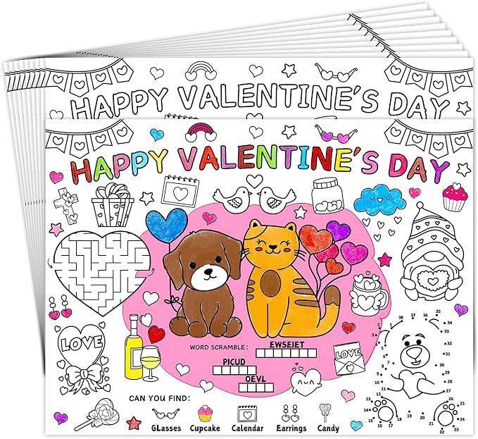45pcs Valentine's Day Disposable Coloring Placemats Valentines Day Crafts for Kids Valentine Party Favors Coloring Poster Valentine Party Supplies School Classroom Activities Paper Table Mats