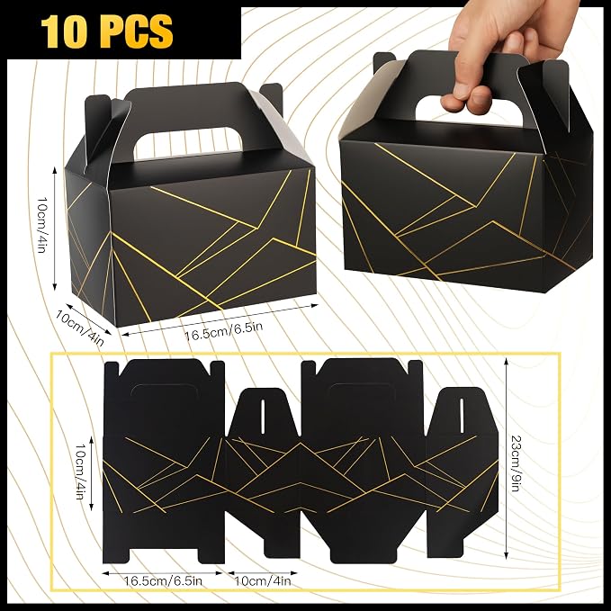 10 PCS Black Gable Favor Treat Boxes, 6.5 x 4 x 4 Inches Elegant Gift Box with Handle for Guests, Goodie Gift Boxes for Candy, Cookie, Busniess, Father's Day, Graduation, Birthday, Wedding, Line