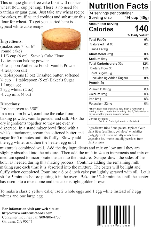 Authentic Foods Steve's Gluten Free Cake Flour Blend, 3 Pound
