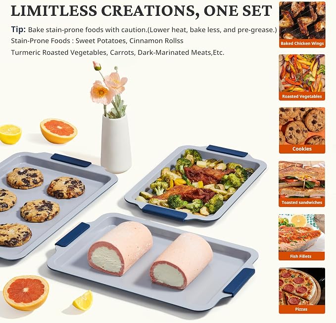 BRONYPRO Non Stick Ceramic Baking Sheet Pan Set of 3, Non Toxic Cookie Sheets (PFAS/PFOA/PTFE Free), Aluminized Steel Oven Trays with Silicone Handles, Rust-Resistant, Warp-Resistant to 500°F, Navy