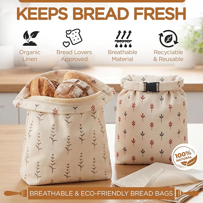 Pack of 2 XL Beeswax Bread Bags with 1 sordough Cloth, Zipper Reusable Cotton Linen Bread Bags for Homemade Bread Storage, Natural Beeswax Bread Bag, Freezer Safe Ecofriendly Bread Keeper