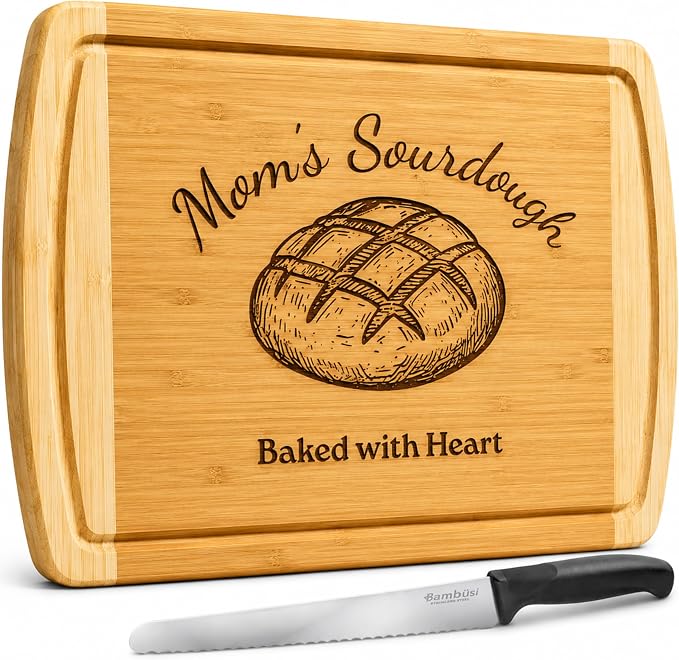 Personalized Sourdough Cutting Board and Knife - Extra Large 18 x 12 Engraved Bamboo Bread Board with Serrated Knife, Custom Monogrammed Baking Gift for Bakers, Wedding, House Warming Gift New Home